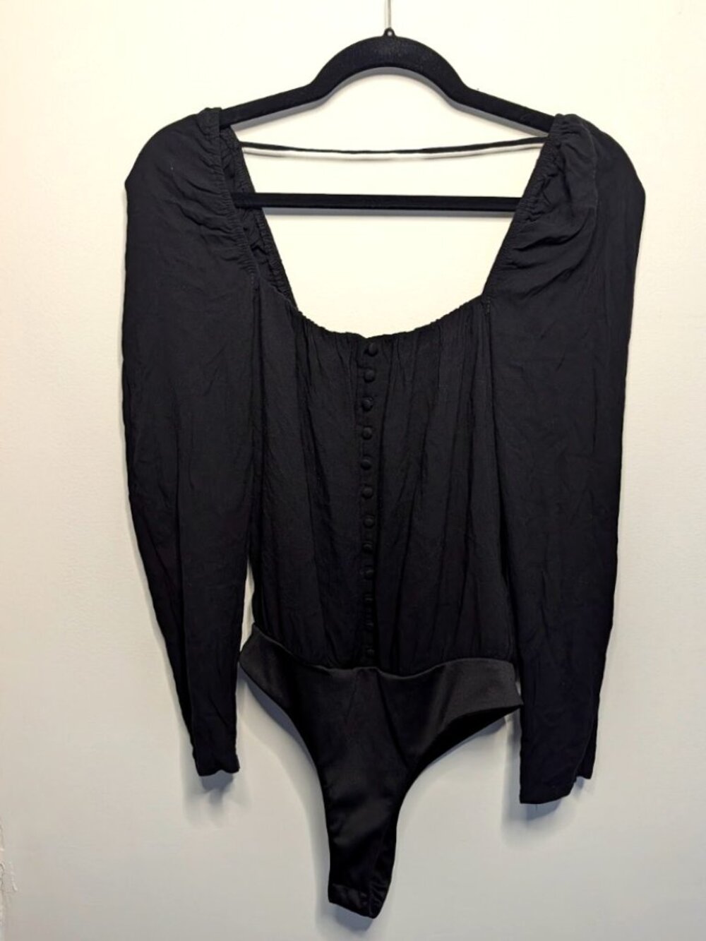 AFRM Black Puff Sleeve Button Front Thong Bodysuit Scoop Neck S